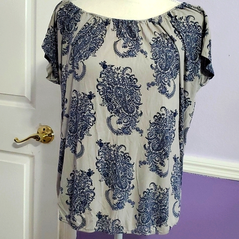 Gray Blue Paisley Boho Soft Blouson Flowy Top L